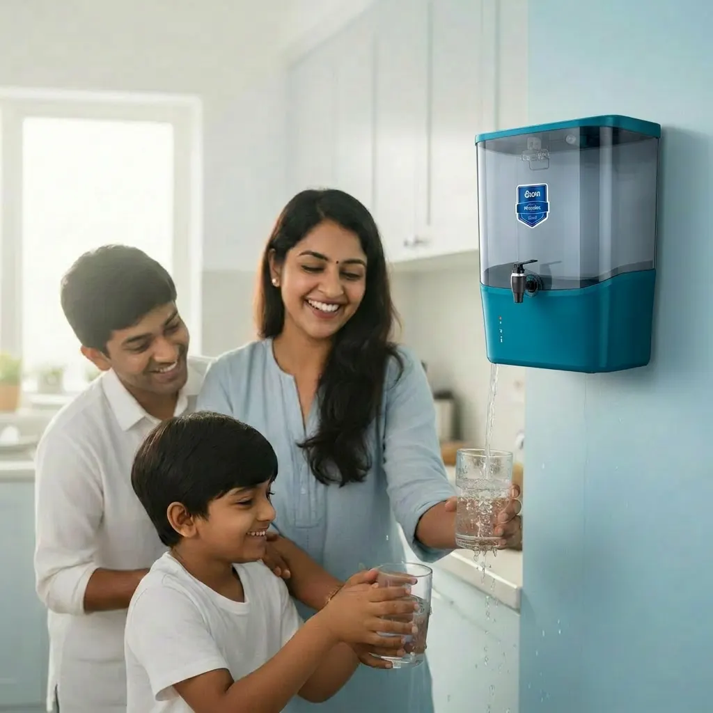 Happy Indian family drinking pure water from Aqua Kline RO water purifier in Bangalore
